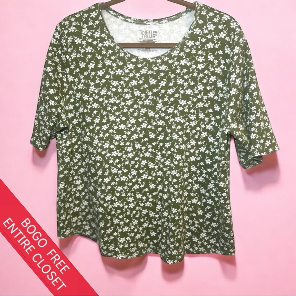 Time & Tru Green Floral Cotton Top XXL